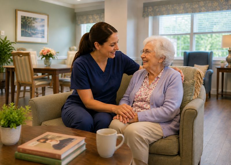 Caring staff with resident at The Waters of Tipton